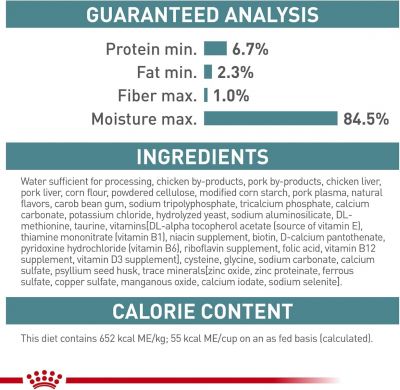 GUARANTEED ANALYSIS

Protein min. 6.7%

Fat min. 2.3%

Fiber max. 1.0%

Moisture max. 84.5%

INGREDIENTS
Water sufficient for processing, chicken by-products, pork by-products, chicken liver, pork liver, corn flour, powdered cellulose, modified