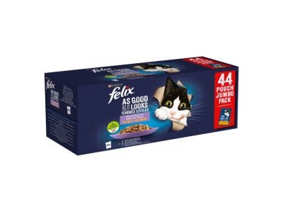 Front view of PURINA Felix Tasty Shreds Farm Selection jumbo pack with 44 pouches, featuring a playful cartoon cat and shredded meat in gravy.